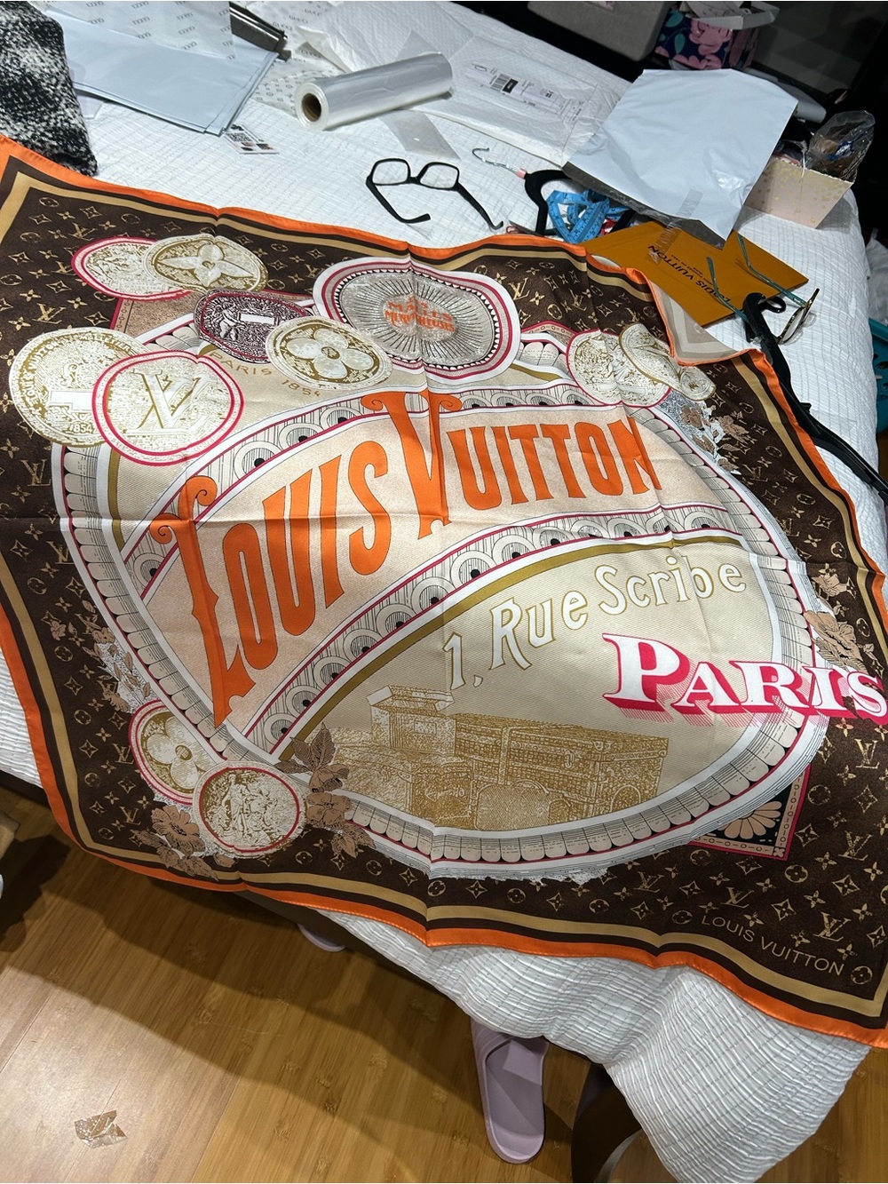 Louis Vuitton Brown Orange Pink Paris Motif Silk Scarf